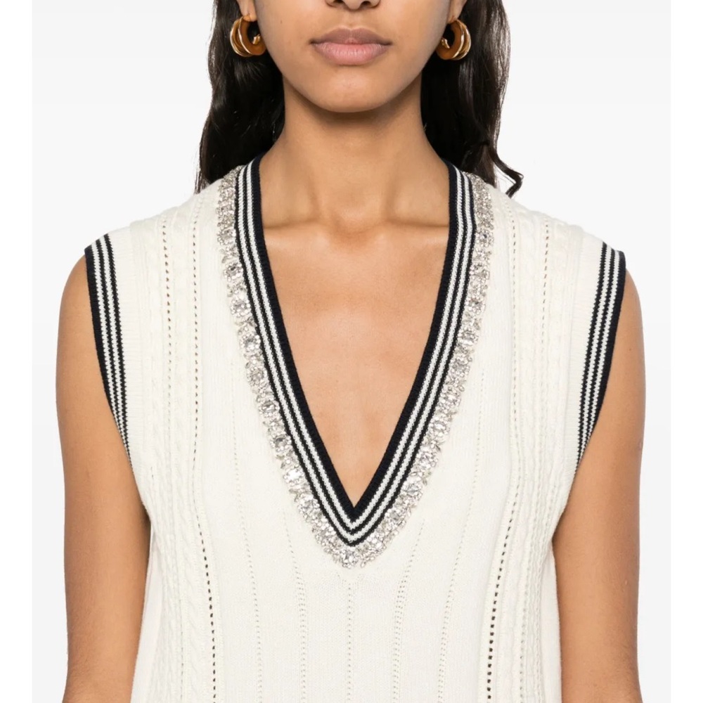 Golden Goose Cream V-Neck Dress with Blue and Crystal embellishment Silver Trim